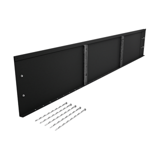 Black metal mounting bracket kit with silver screws and drill bits, shown on a solid white background.