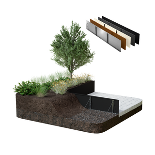 A landscaped terrace or planter box cross-section with soil, plants, a tree, and a raised bed, shown on a white background with a small inset of layered wall panels.