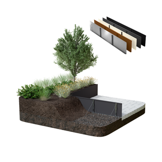 A 3D architectural rendering of a raised garden bed or landscaped terrace cross-section, showing soil, plants, a tree, gravel, and a light stone liner, with a small inset of layered material panels in the upper right on a white background.