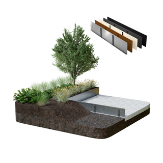 A rendered cross-section of a landscaped garden bed with a tree, grasses, soil layers, and a raised light gray stone or concrete planter/bed. An inset at the top right shows layered material samples in black, gray, brown, and beige.