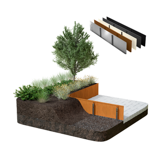 A 3D architectural rendering of a raised garden bed system, showing a cross-section with soil, plants, grass, and a tree, alongside a stack of material swatches in the top right corner.