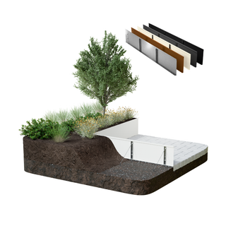 A landscaped raised garden bed or planter cross-section with soil, plants, a tree, and a white liner or mat, shown on a white background with a small inset of layered material samples in the upper right.