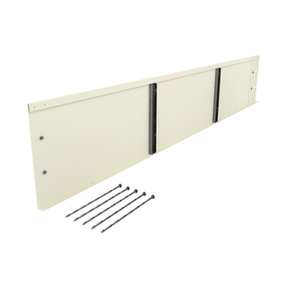 A long rectangular off-white panel with four long dark screws placed in front, photographed on a plain white background.