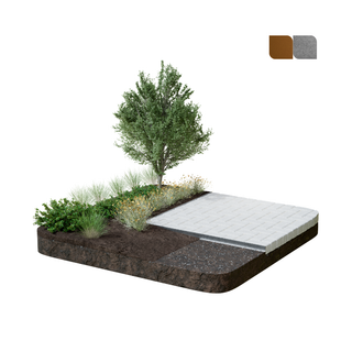 A landscaped rectangular sample showing a paved walkway over mulch and soil with a small tree and ornamental grasses, plus two small color swatches in the top right on a white background.