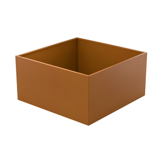 A square open-top storage box in a warm rust or terracotta brown color, shown from a three-quarters perspective on a solid white background.