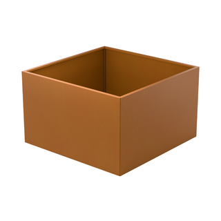 A square open-top storage box or planter in a warm terracotta brown color, shown from a three-quarters perspective on a solid white background.
