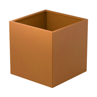 A square open-top planter or box with a warm terracotta brown finish, shown at a three-quarter angle on a plain white background.