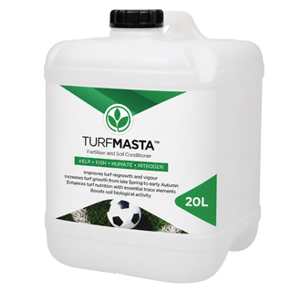 A 20L white plastic jerrycan of TurfMasta Fertiliser and Soil Conditioner with a black cap and a green and white label, shown on a plain white background.