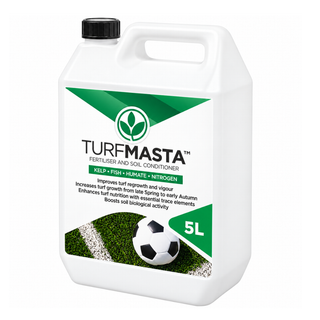 A 5L white plastic jerrycan of TurfMasta Fertiliser and Soil Conditioner with a black cap, featuring a green and white label with a soccer ball and grass graphic.