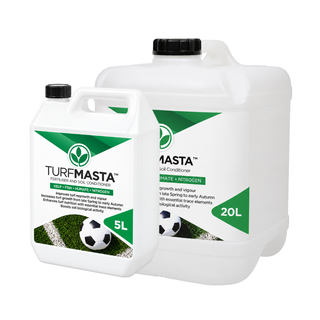 Two white plastic jugs of TurfMasta Nutrient and Soil Conditioner, one 5L and one 20L, with green and black labels on a white background.