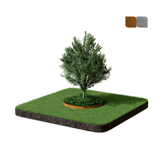 A square sample of green artificial turf or grass with a small tree planted in the center, shown on a plain white background. Two small color swatches appear in the top-right corner, one brown and one gray.