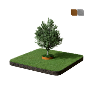 A small green tree planted in a square patch of artificial grass with a visible soil edge, shown on a plain white background. Two small color swatches appear in the top-right corner.